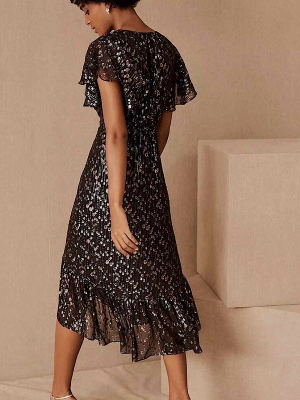 Mestiza Anthropologie Valora Ruffle Midi Dress Black Metallic Rainbow Size 12 - Picture 3 of 12